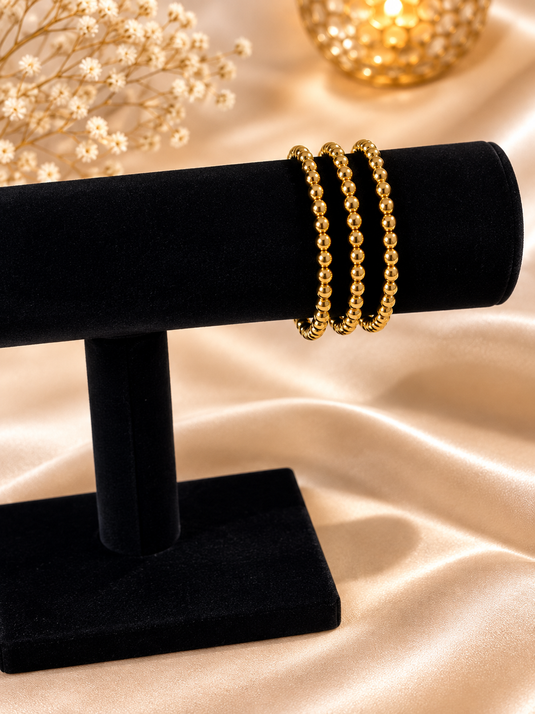 Bracelet & Ring Set – 3 Gold Beaded Bracelets + 2 Rings