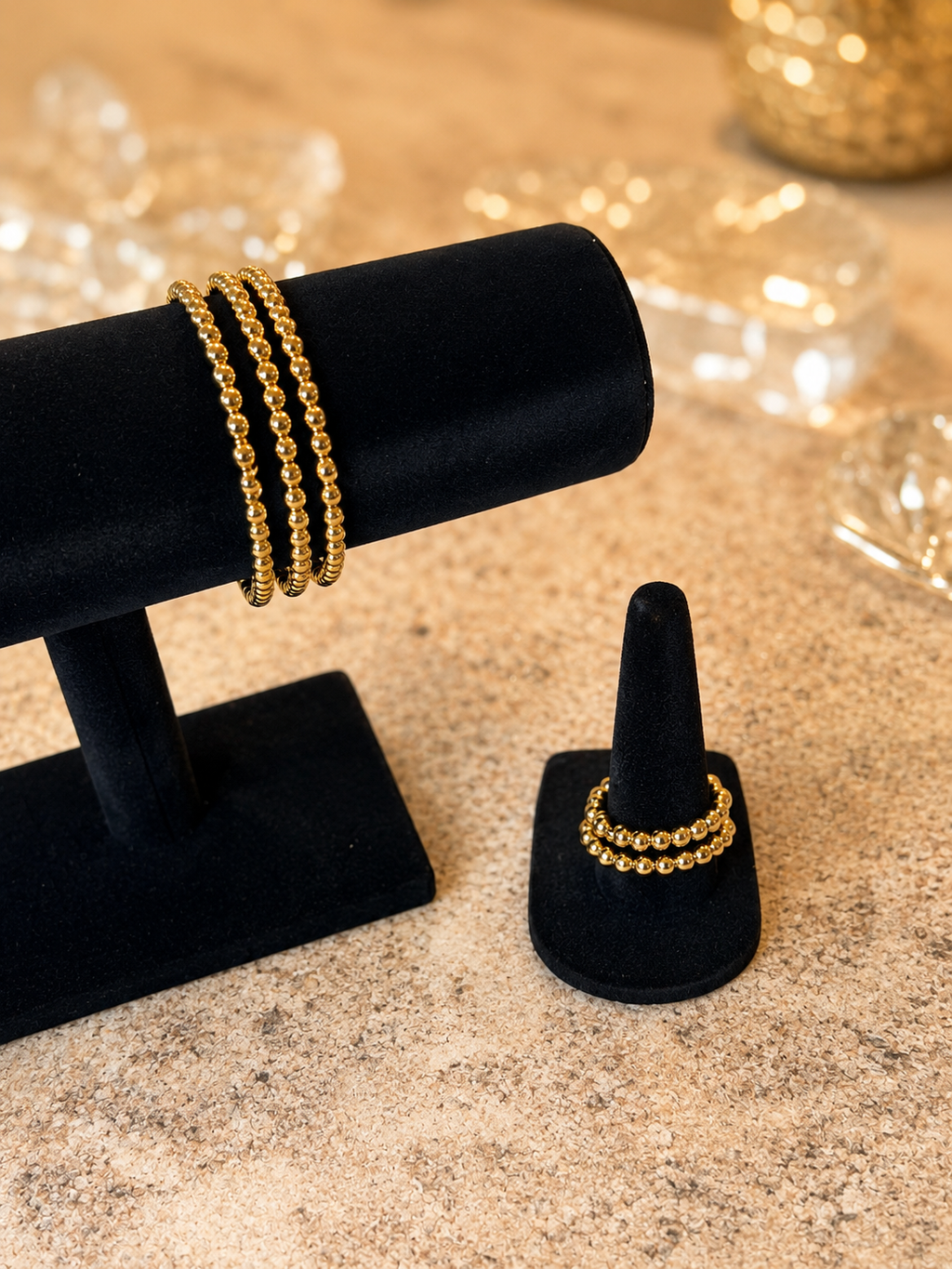 Bracelet & Ring Set – 3 Gold Beaded Bracelets + 2 Rings