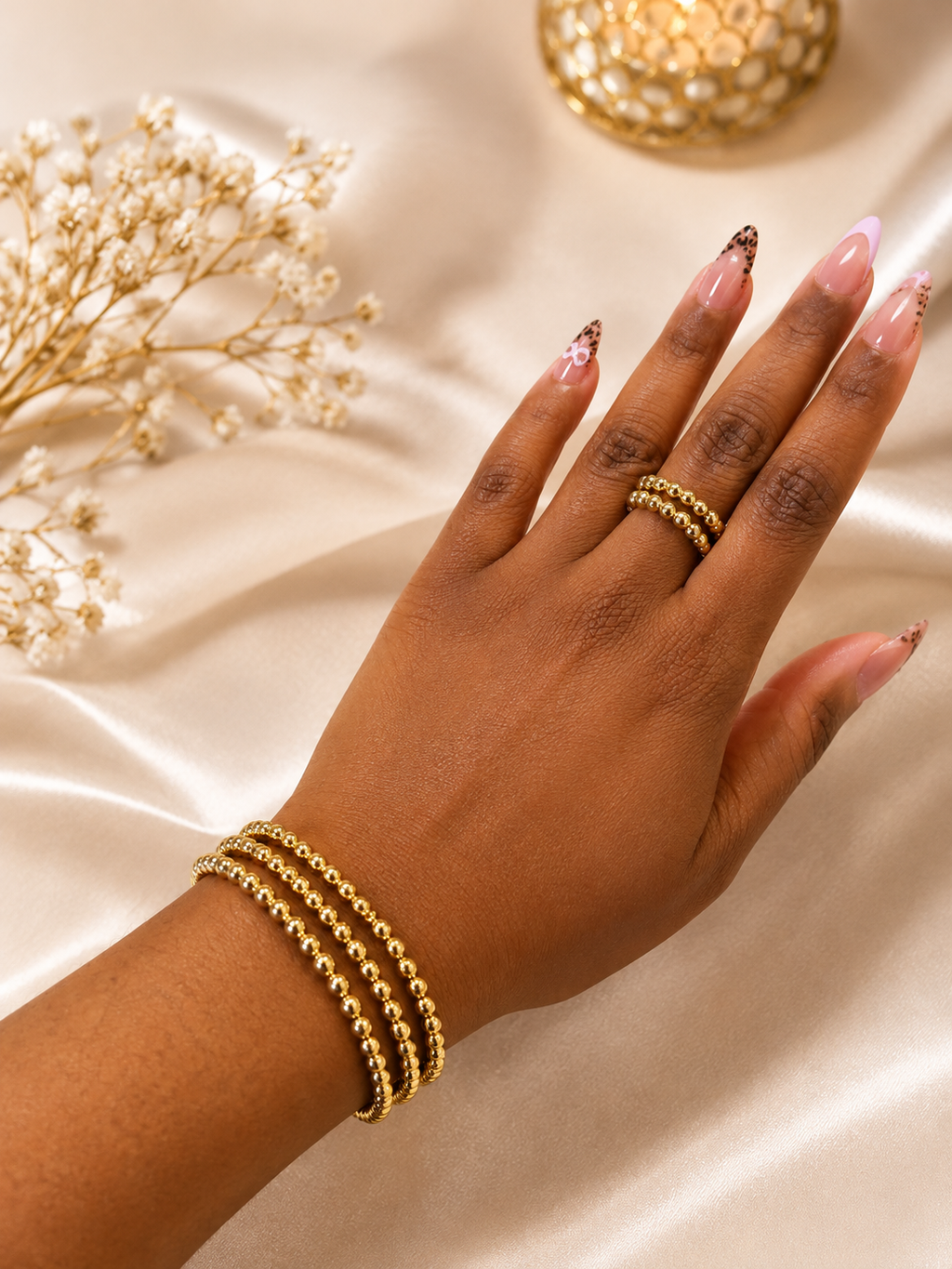 Bracelet & Ring Set – 3 Gold Beaded Bracelets + 2 Rings